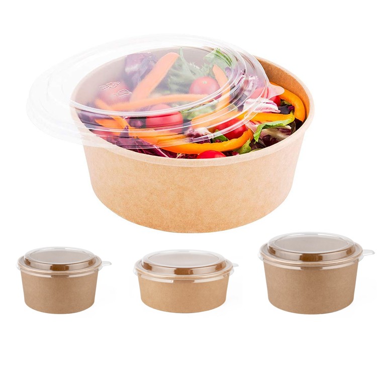 500ml/1000ml Biodegradable Kraft Paper Disposable Salad Soup Bowls with Lid