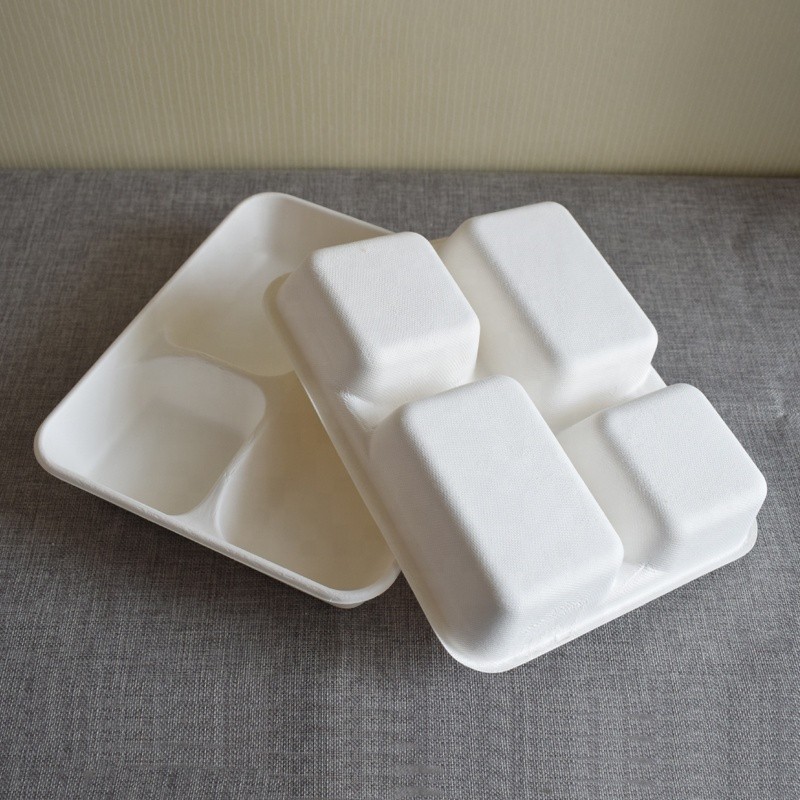 4 compartment tray with lid sugarcane bagasse fast food tray