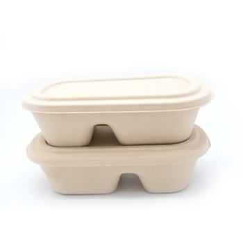 Tray Biodegradable Salad Box With Paper Pulp Lid Oval Shape With 850ml/1000ml 2 Compartment