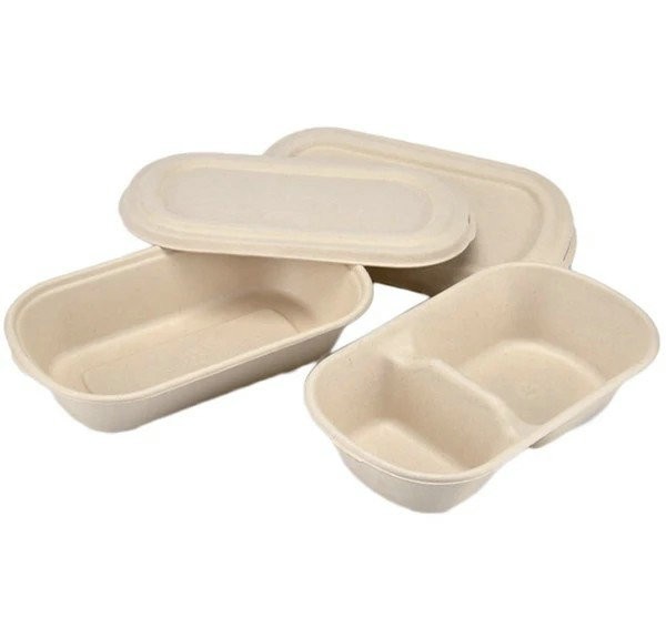 850/1000ml Sugarcane Natural Color Salad Tray With Lid Oval Shape Food Container