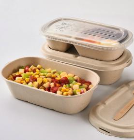 850/1000ml Sugarcane Natural Color Salad Tray With Lid Oval Shape Food Container
