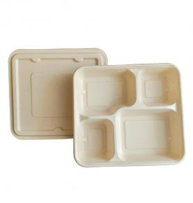 4 Compartments Food Tray With Lids Natural Color Sugarcane Material Natural Color