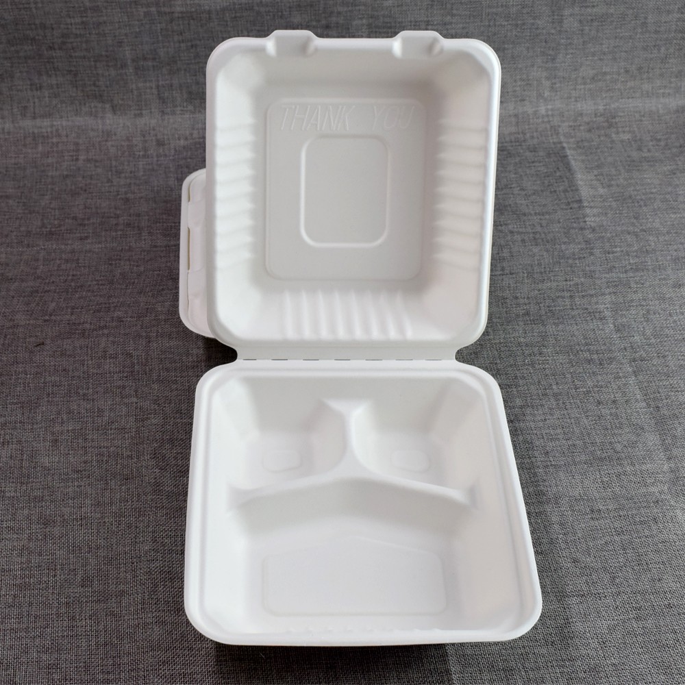 Disposable Clamshell Container 8"  3 Compartment Bagasse Takeout 100pcs 