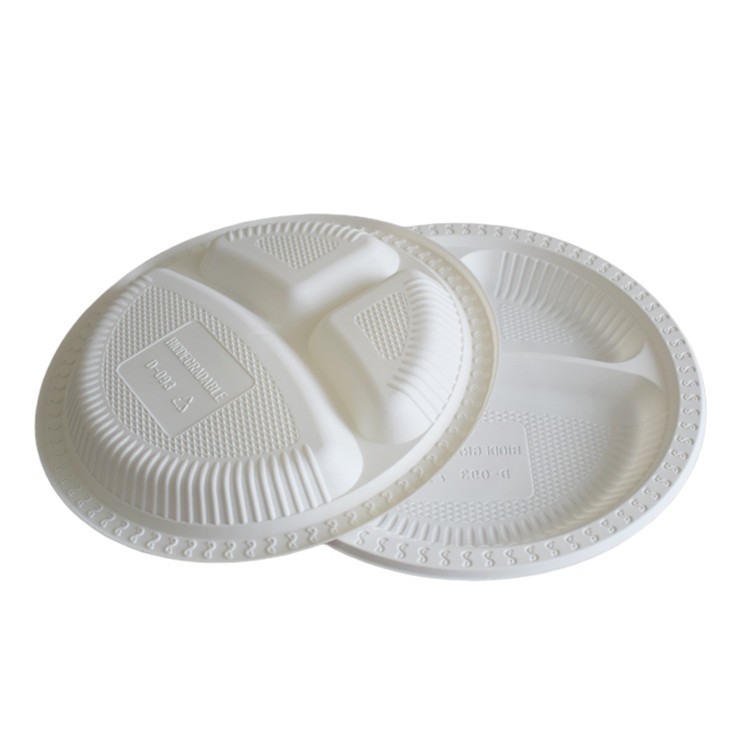 9Inch 3Compartments Biodegradable Disposable Corn Starch Round Plate With 3 Compartments For Party Use 