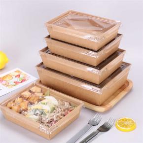 Food Grade Disposable Kraft Paper Salad Box With Compartment Takeaway Food Container PET Lid 