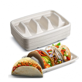 Custom Compostable Sugarcane Bagasse Taco Tray Holder Food Container Lunch Packaging Box