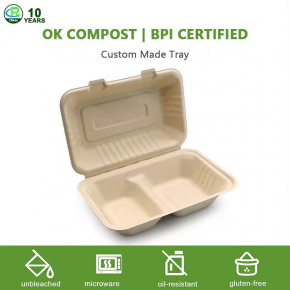 Custom Sugarcane Bagasse 2 Compartment Takeaway Box Two Division Clamshell Container
