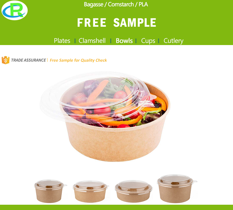500ml/1000ml Biodegradable Kraft Paper Disposable Salad Soup Bowls with Lid
